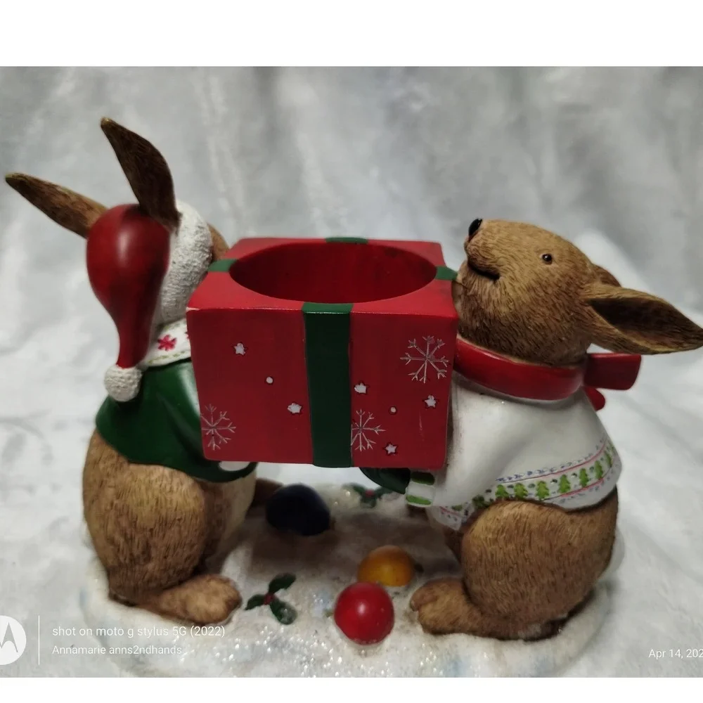 Yankee Candle Christmas Bunnies Tea‎ Light Holder Red Gift Box Figurine 1132752